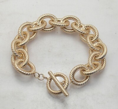 Technibond Textured Oval Link Bracelet Toggle Lock 14K Yellow Gold Plated Silver