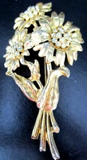 Large Sparkling Ice Rhinestone Golden Flowers Vintage Pin