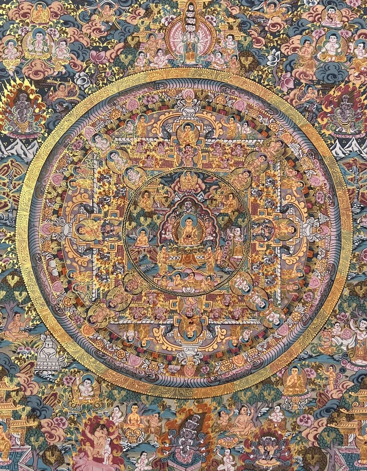 PINTURA THANGKA TIBETANA ORIGINAL MANDALA CÍRCULO GRANDE BUDHHA VIDA/RUEDA DE LA VIDA Foto 2 de 4