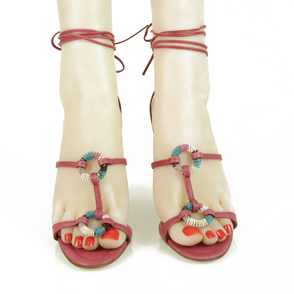Manolo Blahnik Fuchsia Beaded Rings Med Heel Tie Wrap Sandals Shoes size  35.5