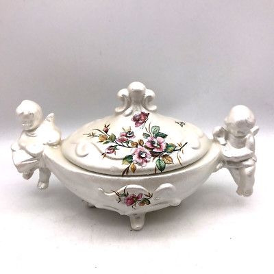 Berger Porcelain Cherubs Handles Trinket Dish w/Rhinestones On Lid From Italy