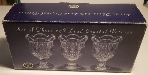 Vintage Lead Crystal Bohemian Fan Pattern Footed Votive Candleholder Qty 3 NEW - Picture 6 of 6