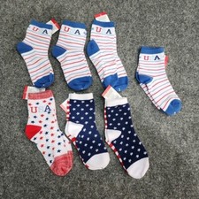 7 Lot New Pairs of Kids Socks Sz 7-8.5 or Age 9-11 Cute USA Print Stars  Stripe