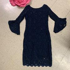 NWT NM NEIMAN MARCUS Sz 8 Navy  Lace Bell Sleeves Sequin Sheath Dress Whimsigoth