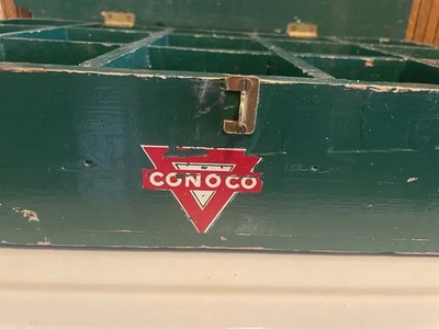 Antique Conoco Gas Station Wooden Lacquer Kit Case, 15 Slot Green Wood Box