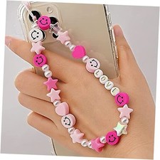 Beaded Phone Lanyard Wrist Strap Smiley Face Beaded Handmade Colorful Pink