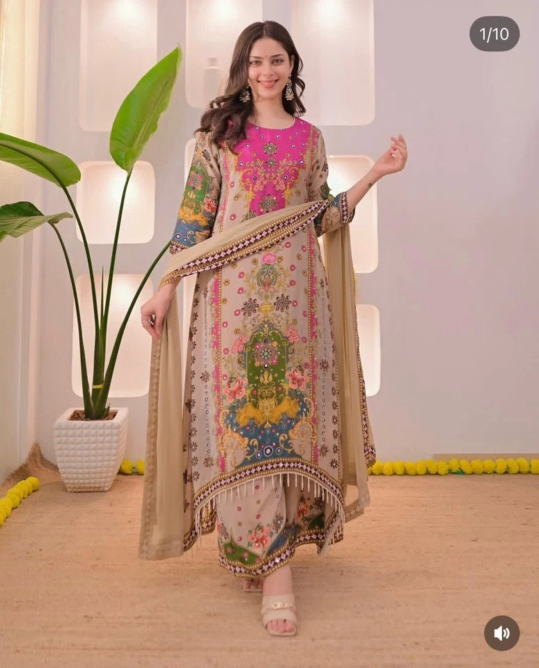 Полностью сшитый комплект Kurta Palazzo Dupatta пакистанский Salwar Kameez готовый к носке - Изображение 2 из 4