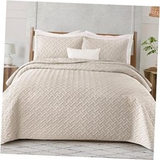 Soft Quilt Set Queen Full Size, 3 Full/ Queen 90"x96" Weave Brich Beige