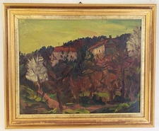 OIL PAINTING Carlo Monti VIEW RURAL LANDSCAPE FOREST HOUSES ARONA LAKE MAJOR