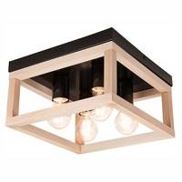 Deckenlampe Deckenleuchte Flach H: 16,5 Cm Eckig B: 30 Cm Holz Metall 4X E27