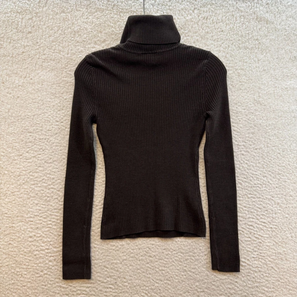 Y2K Vintage Turtleneck Sweater XS Small Brown Rib Knit Fitted Preppy Minimalist - Image 2 of 4
