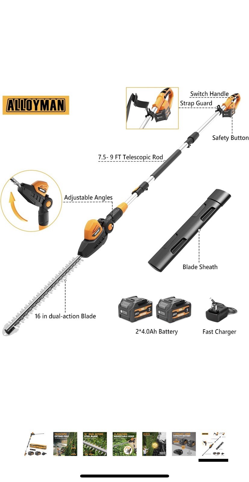 20V Pole Hedge Trimmer, Cordless Hedge Trimmer with 2 Packs 4.0Ah Battery & Char