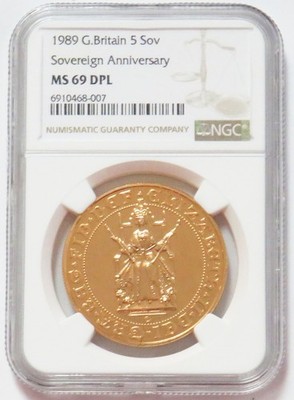 1989 GOLD GREAT BRITAIN 5 POUNDS SOVEREIGN ANNIVERSARY NGC MINT