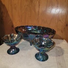 Indiana Carnival Glass BLUE Harvest Grape Footed Fruit Bowl And Candle Pedestal
