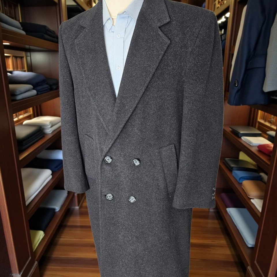 Vintage Double Breasted Flannel Overcoat 40r Full Length Charcoal Wool Cashmere - Image 3 of 4