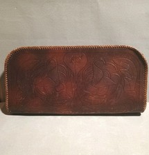 Vintage Hand Tooled Brown Floral Leather Clutch Purse/Bag/Wallet 7 X 14.25"