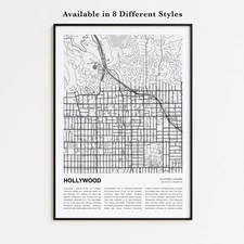 Hollywood City Map Print, Los Angeles Travel Poster, Modern Map, Wall Decor Art