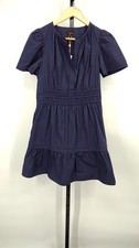 Quince 100% Organic Cotton Poplin Tiered Mini Dress Navy Basic Sleeved XS