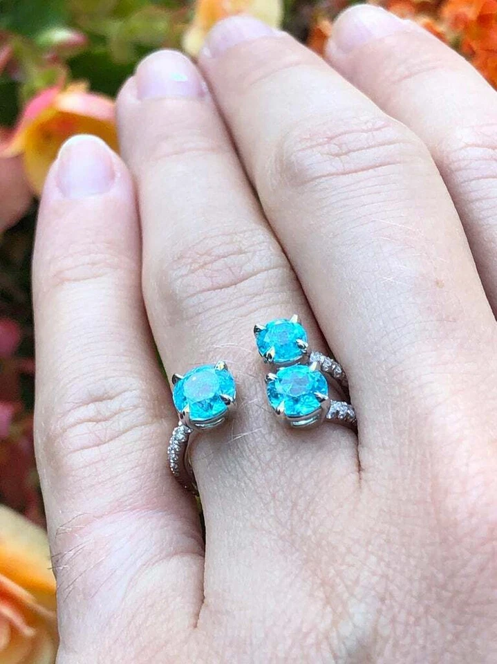 Turmalinas Paraiba brasileñas inmensamente raras de 2,10 quilates y 0,56 quilates de circonita cúbica blanca banda fina Foto 3 de 4