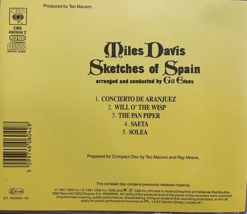 MILES DAVIS - Sketches Of Spain CD Remastered 1987 CBS Exc Cond! - Picture 2 of 2