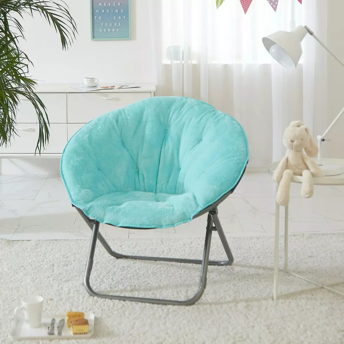 Kids Saucer Chair Faux Fur Cushion Portable Aqua Teal Blue Bedroom Dorm Teen