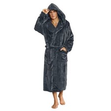 Mens Comfortable Fleece Hooded Robe Plush Bathrobe Small/Medium Dark Grey