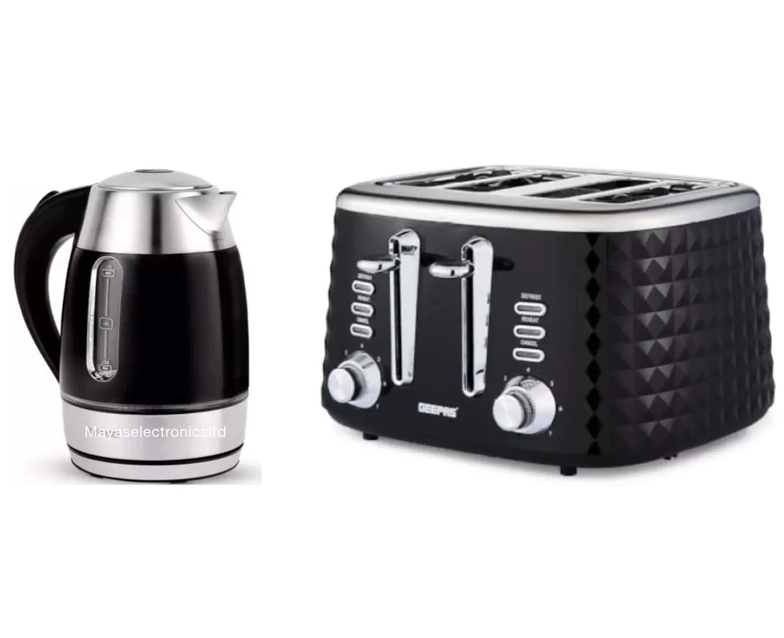 GEEPAS Illuminating 1.7L Cordless Jug Kettle & 4 Slice Argyle Toaster Set Black