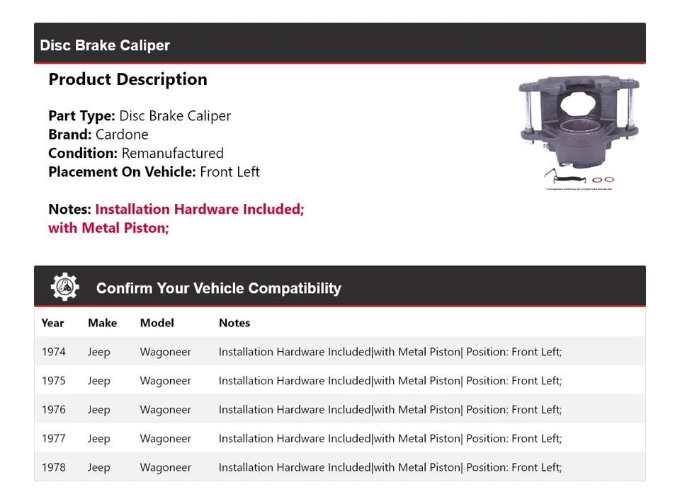 For 1974-1978 Jeep Wagoneer Disc Brake Caliper Front Left Cardone 1975 1976 1977 - Image 2 of 4