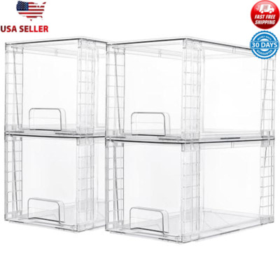 Clear Acrylic Stackable Storage Drawers 4 Pack Large Size Organizers W/ Handles