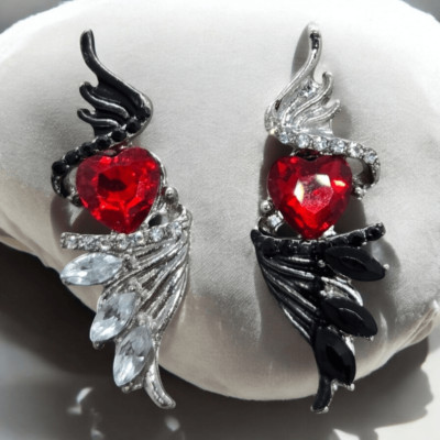 Gothic Winged Red Heart Earrings Angel Wing Silver Studded Jewelry Baddie V-Day