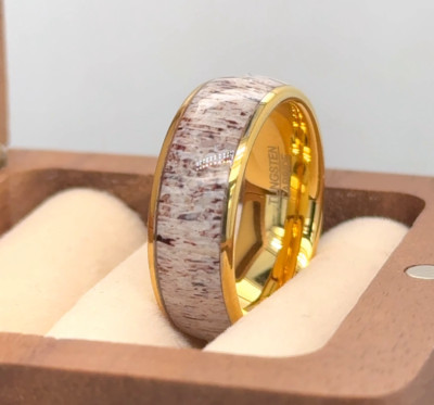 Husband Valentine Gift Gold Plated Tungsten Ring White Deer Antler Inlay Ring