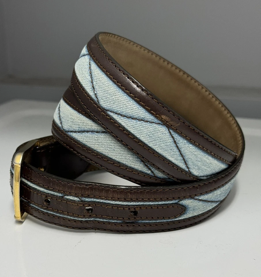 RARO Cinturón Brioni Cuero Marrón Azul Acolchado Denim Hebilla Latón Sólido Talla 100/40 Foto 2 de 4