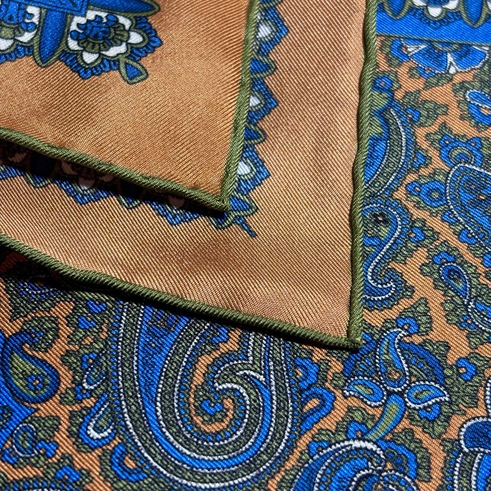 Burnt Orange & Blue Paisley Silk Pocket Square (Hand-Rolled in England) - Image 3 of 4