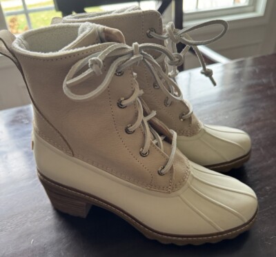 EUC Sperry Women's Saltwater Heel Leather Rain Boot Waterproof Ivory Off White 8