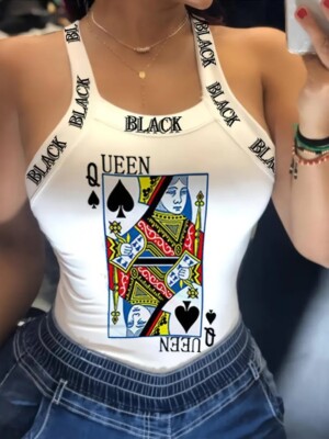 Poker Queen Print Slim Cami Top, Sexy Back Bow Spaghetti Strap Top For Summer, W