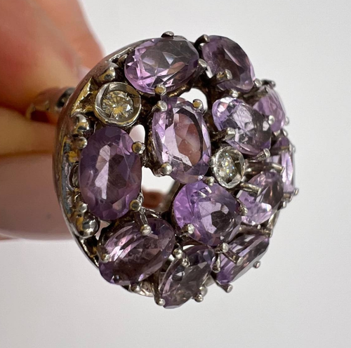 Rare 14k White Gold Diamond Halo Amethyst Designer Statement Cocktail Ring Size7 - Picture 17 of 17