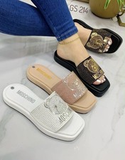 MOSCHINO Women  s Black Slide Sandals Rhinestone Logo Teddy Bear EU 36