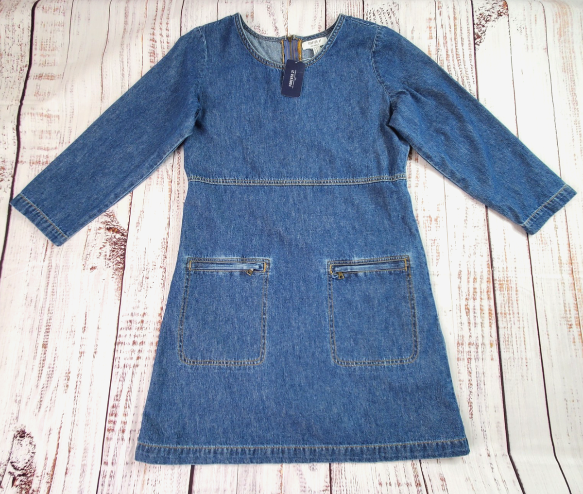 Forever 21 Denim Dress Womens Small Long Sleeve Zip Front Pockets Short  Mini 90s | eBay