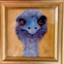 ORIGINAL Watercolor 5x5 Framed Ernesto The Emu Impressionism  Nature Desk Shelf