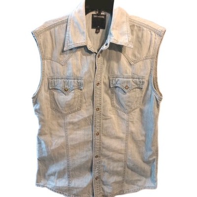 True Religion Mens M  Distressed Pearl Snap Sleeveless Shirt Rock n Roll