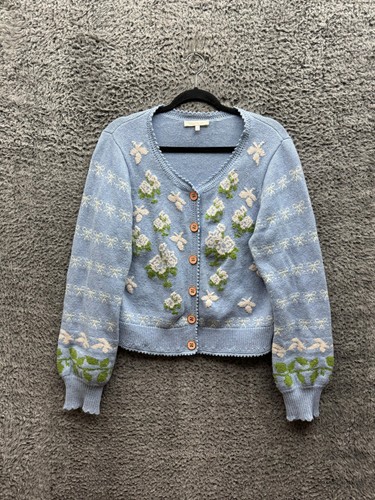 Loveshackfancy Merino Wool Blend Charlo Cardigan Periwinkle Orchard Women Size L