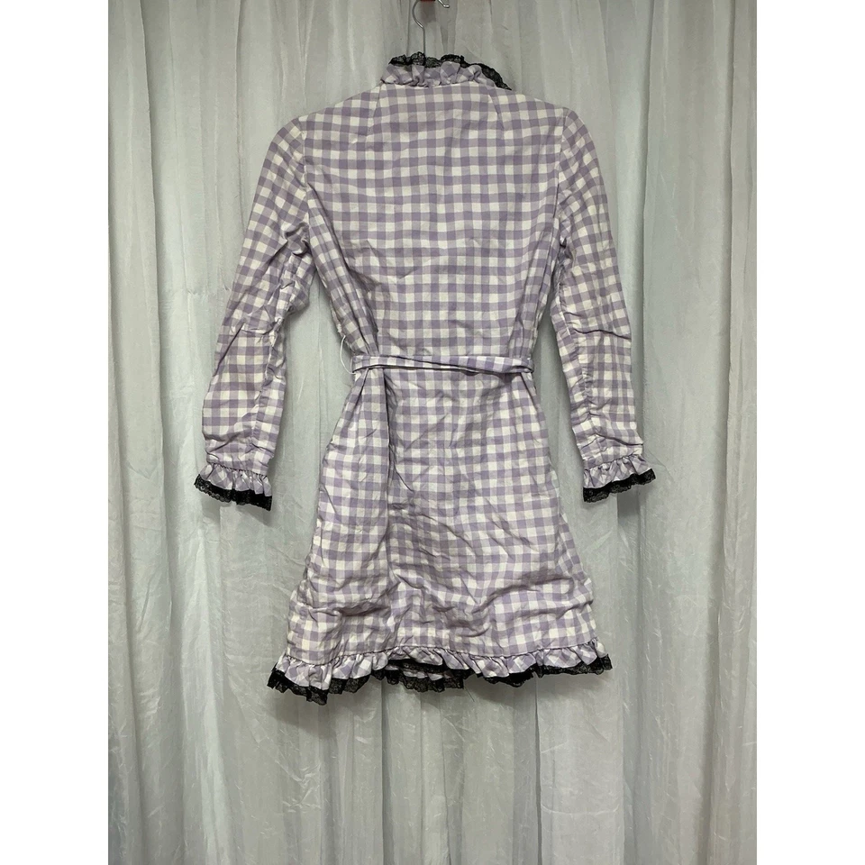 Vestido De Colección Años 60/70 Púrpura Envolvente de Guinga Negro Encaje Volantes Hecho en Unión EE. UU. S/M Foto 2 de 4