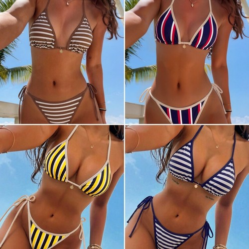 Women Striped Triangle Bikini Set Tie Side High Cut Two Piece Swimwear