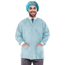 Sky Blue Disposable Lab Jackets SMS 50gsm Snap Front 100 Count X-Large 32 in