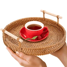Rattan Tray 8.7 Inch Round Woven Serving Basket with Handles Decorative Tray