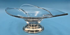 VTG Sterling Silver Base leaf 8"L  Clear Glass Divided Candy Trinket Dish Bowl