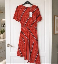 Warehouse Red Stripe Asymmetric Midi Dress UK 10 BNWT Stretch Occasion Work