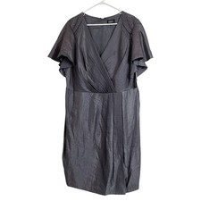 Adrianna Papell Women’s Gray Shimmer Cocktail Dress Beaded Shoulder Flutter Slee