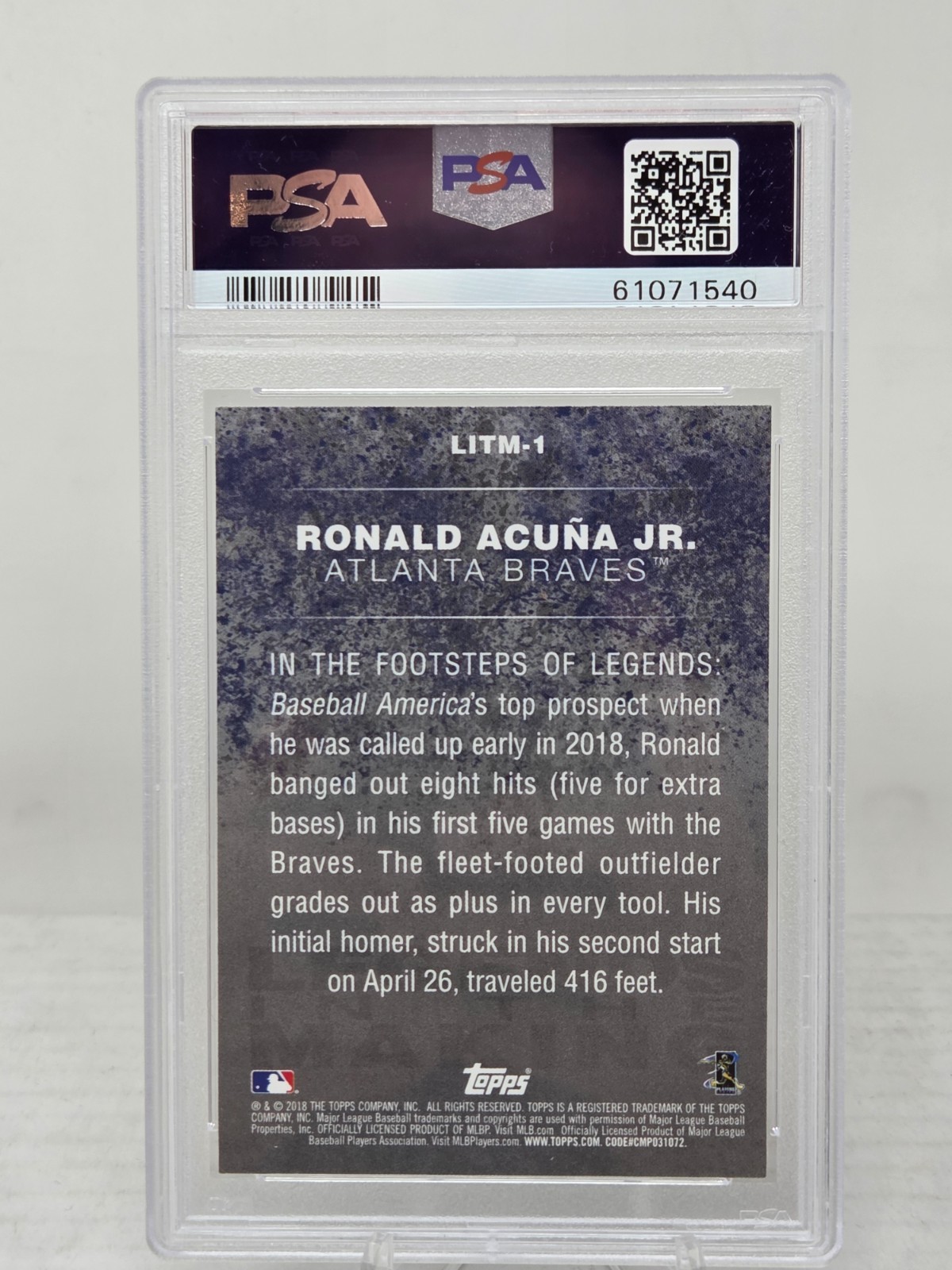 2018 Topps Update RONALD ACUNA JR. Legends Rookie Card PSA 8 view 2