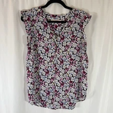 Loft Blouse Women's Medium Purple Blue Flroal Vneck Flutter Sleeve Buttons